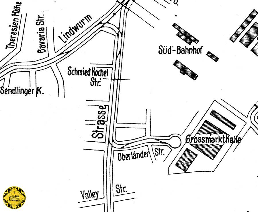 Im amtlichen Streckenplan von 1920 kann man die genaue Gleisführung der Großmarkthallen-Schleife mit ihren Wechselgleisen gut erkennen.

Gut zu erkennen auch die aufwändige Gleisanlage an der Abzweigung der Implerstraße aus der Lindwurmstraße.